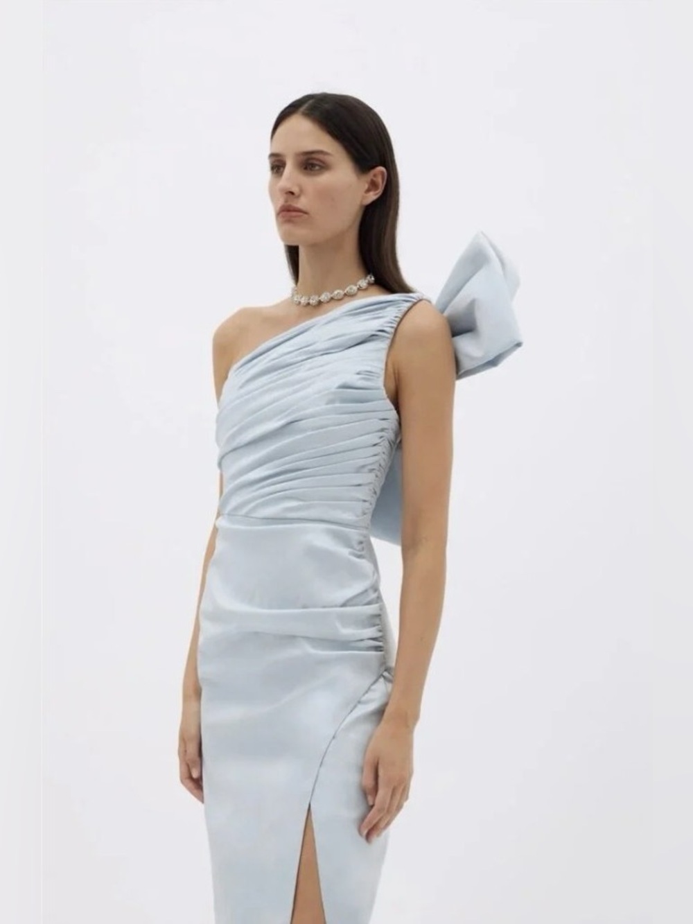 Rachel Gilbert Light Blue One-Shoulder Ruched Gown with Bow - Picture 4 of 13